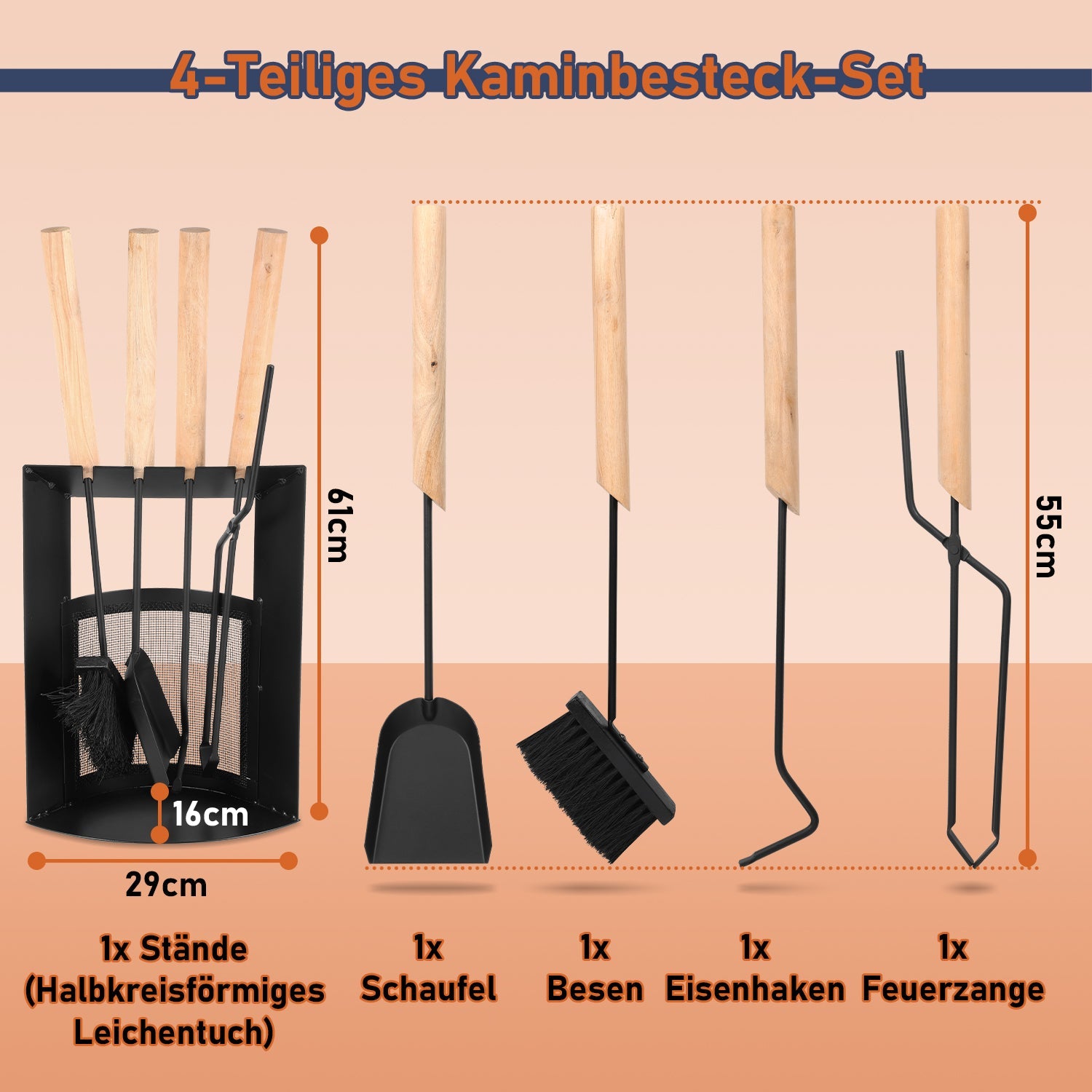 Cosmo Go Kaminbesteck 4-teiliges Kaminbesteck Set Holzgriff