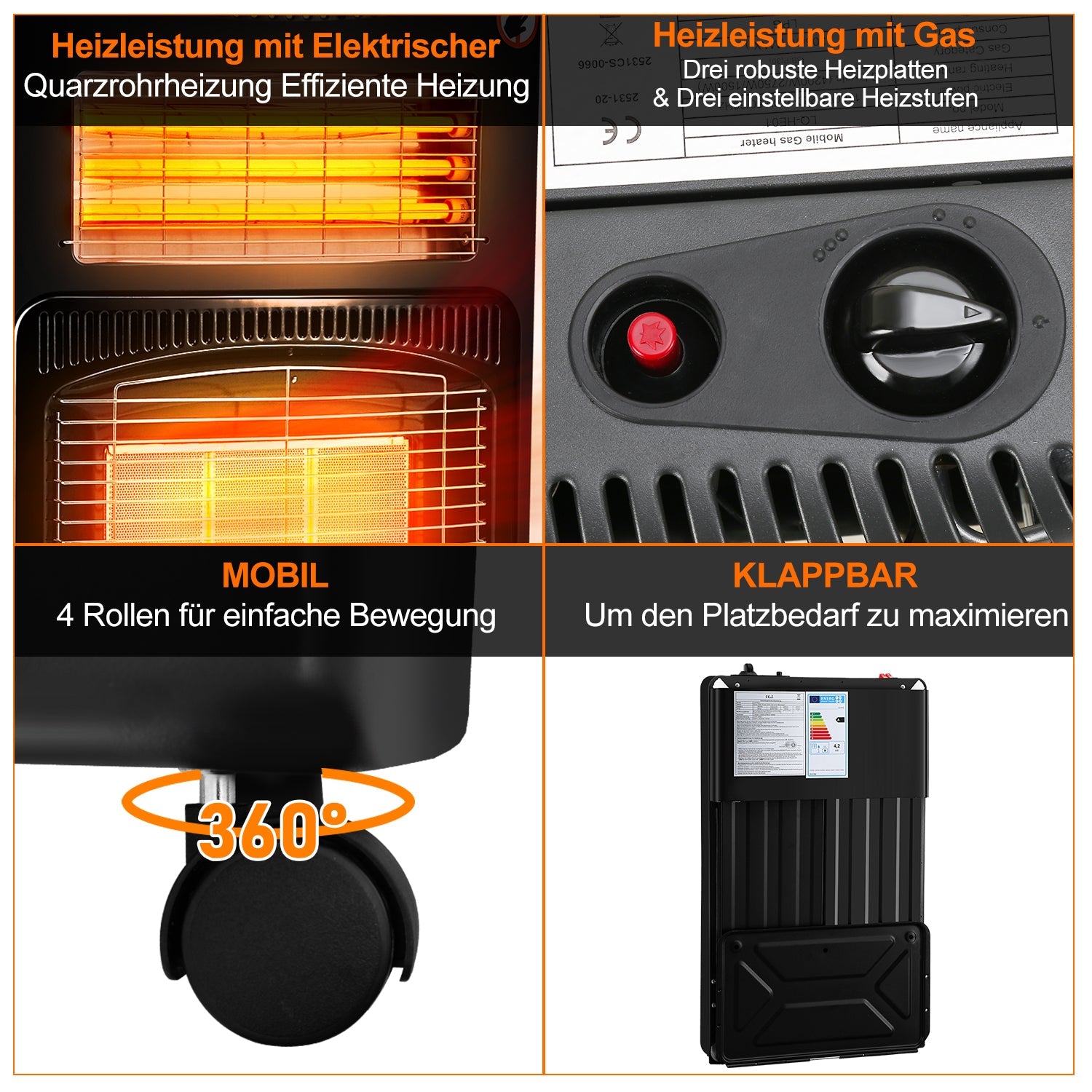Cosmo Go Gasheizer 4200W und 1260W Elektrische Gasheizgerät mit Druckminderer