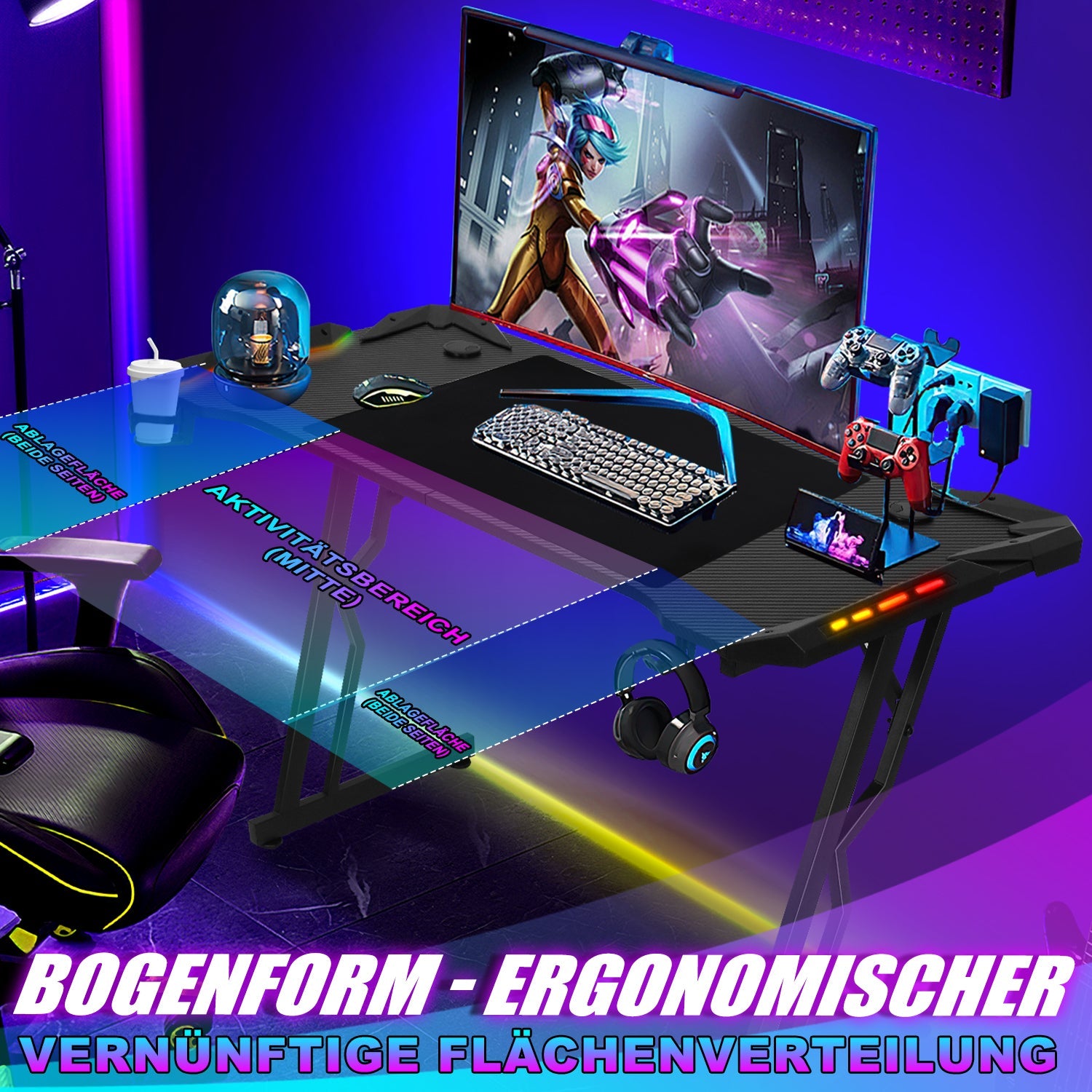 Cosmo Go Gaming Schreibtisch Gaming Tisch 120/140cm mit LED Fernbedienung