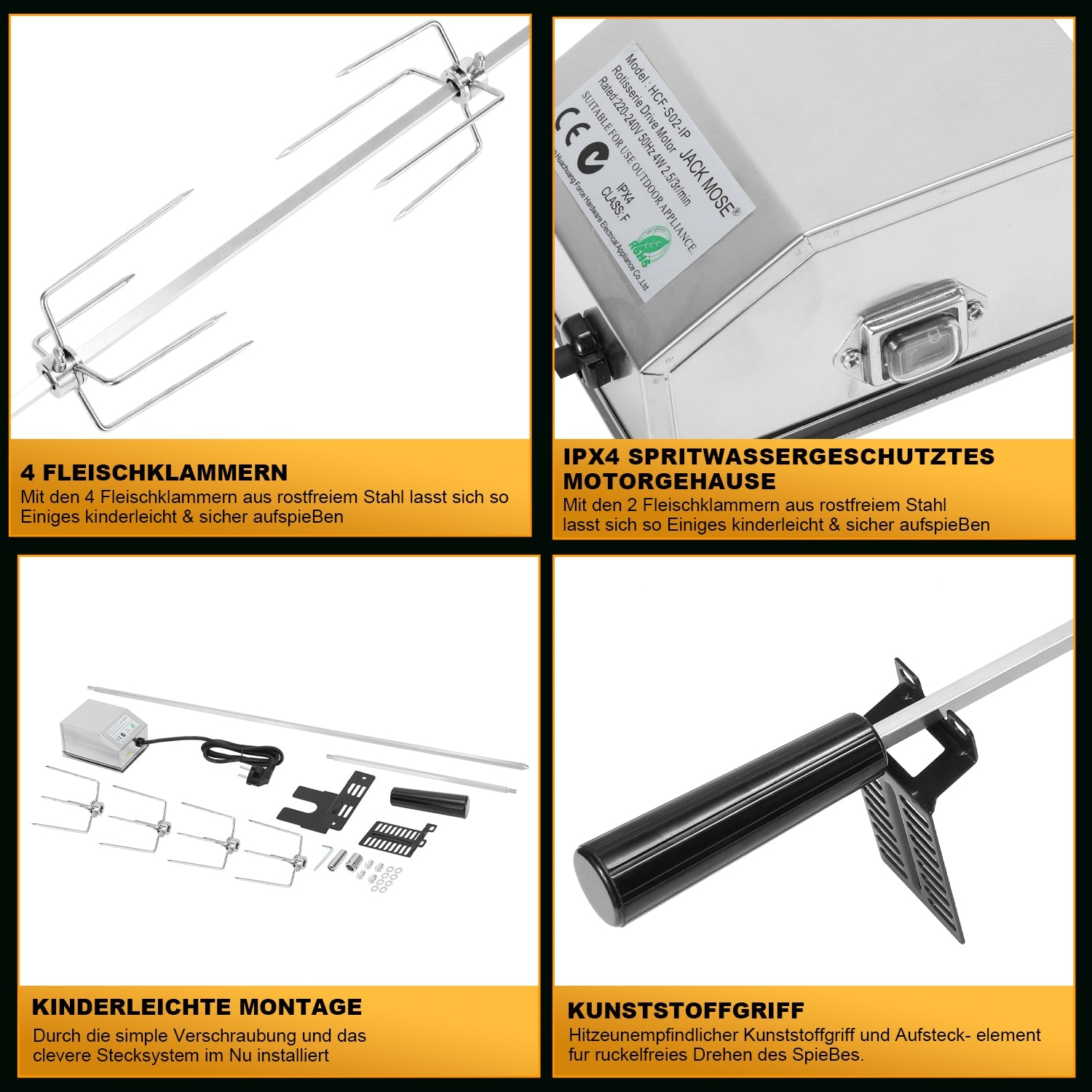 Cosmo Go BBQ Grillspieß Edelstahl Motor 4x Fleischnadel