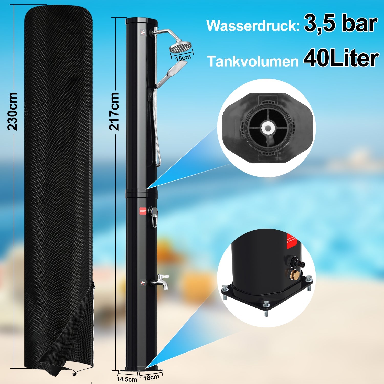 Cosmo Go 40L Solardusche Gartendusche Inkl. Schutzhaube und Handbrause