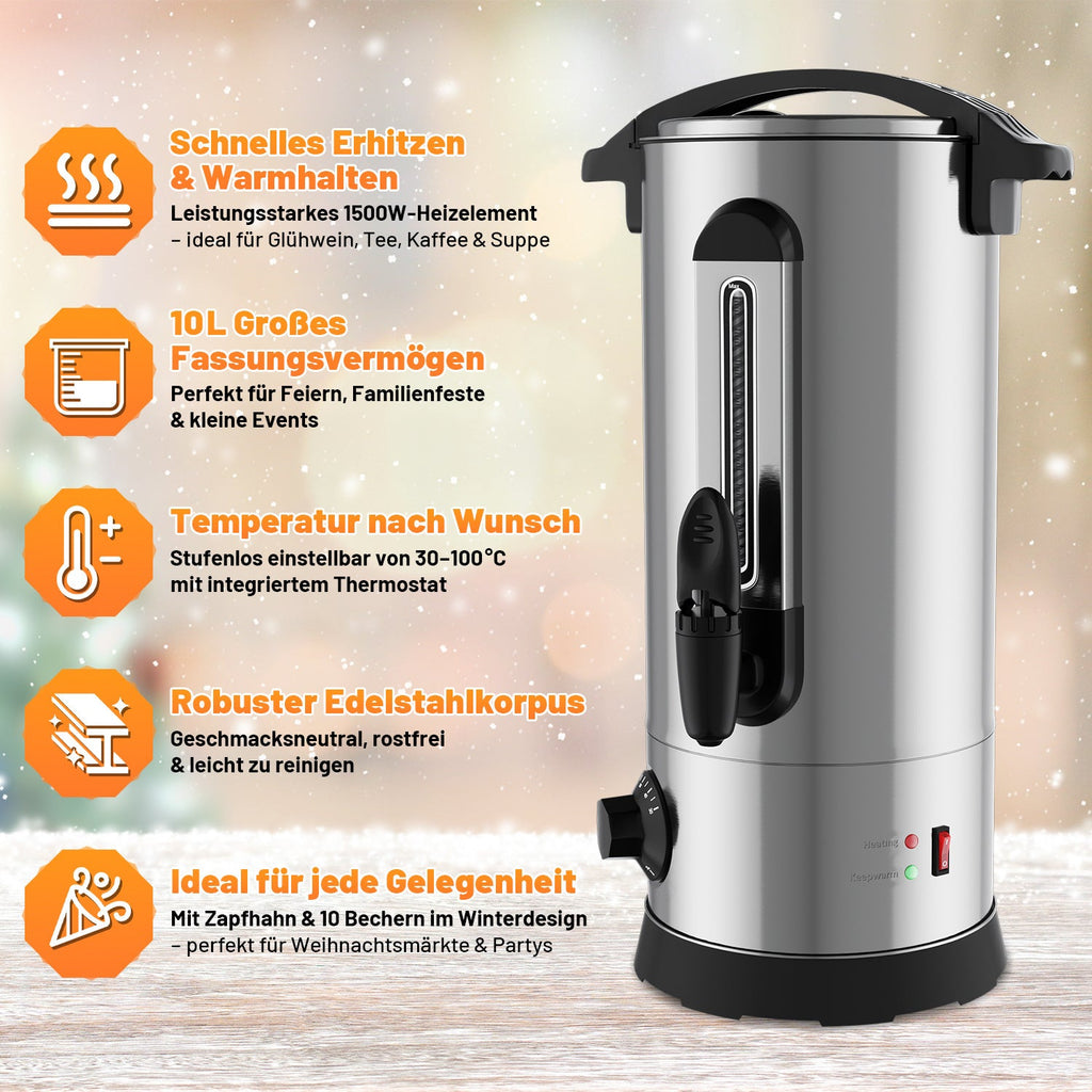 Cosmo Go 10 L Glühweinkocher Glühweinkessel inkl. 10 Tassen, Kupferfarbe