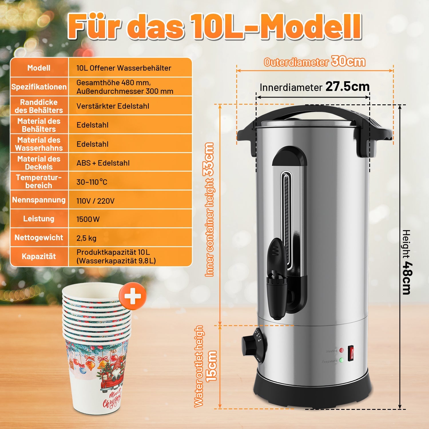 Cosmo Go 10 L Glühweinkocher Glühweinkessel inkl. 10 Tassen, Kupferfarbe