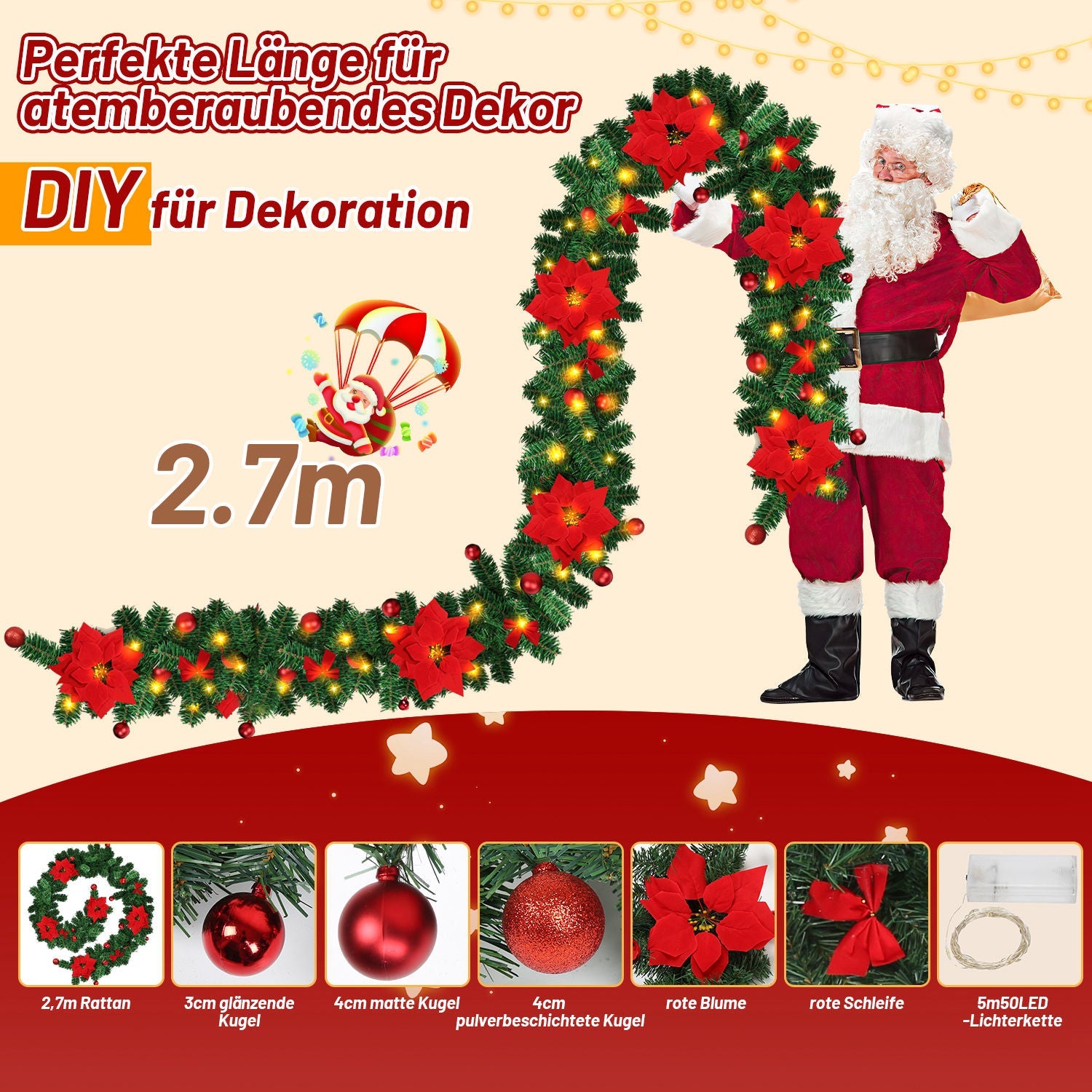 Cosmo Go Weihnachtsgirlande 2.7m mit Blumen