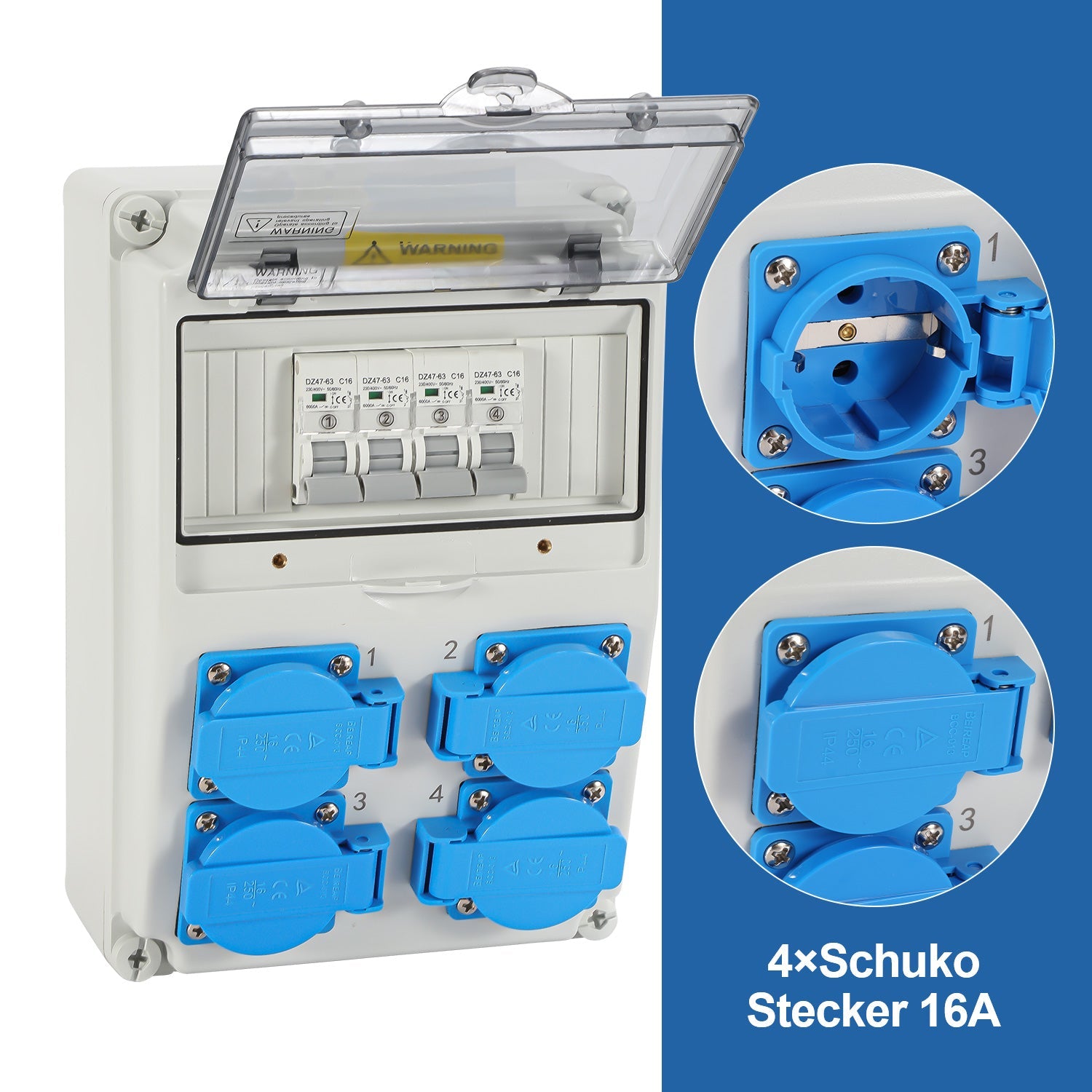 Cosmo Go Wandverteiler mit 4xSchuko-Steckdose16A 250V, 4xCEE Steckdosen 16A 1P