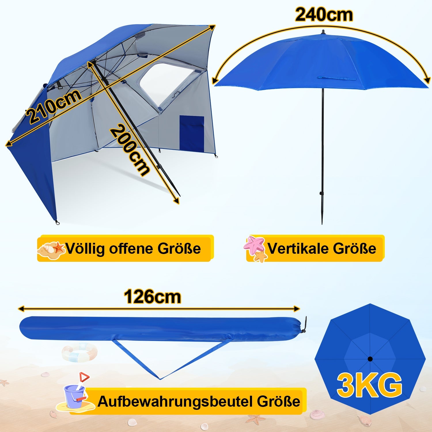 Cosmo Go 210cm Sonnenschirm Strandmuschel 2 in 1