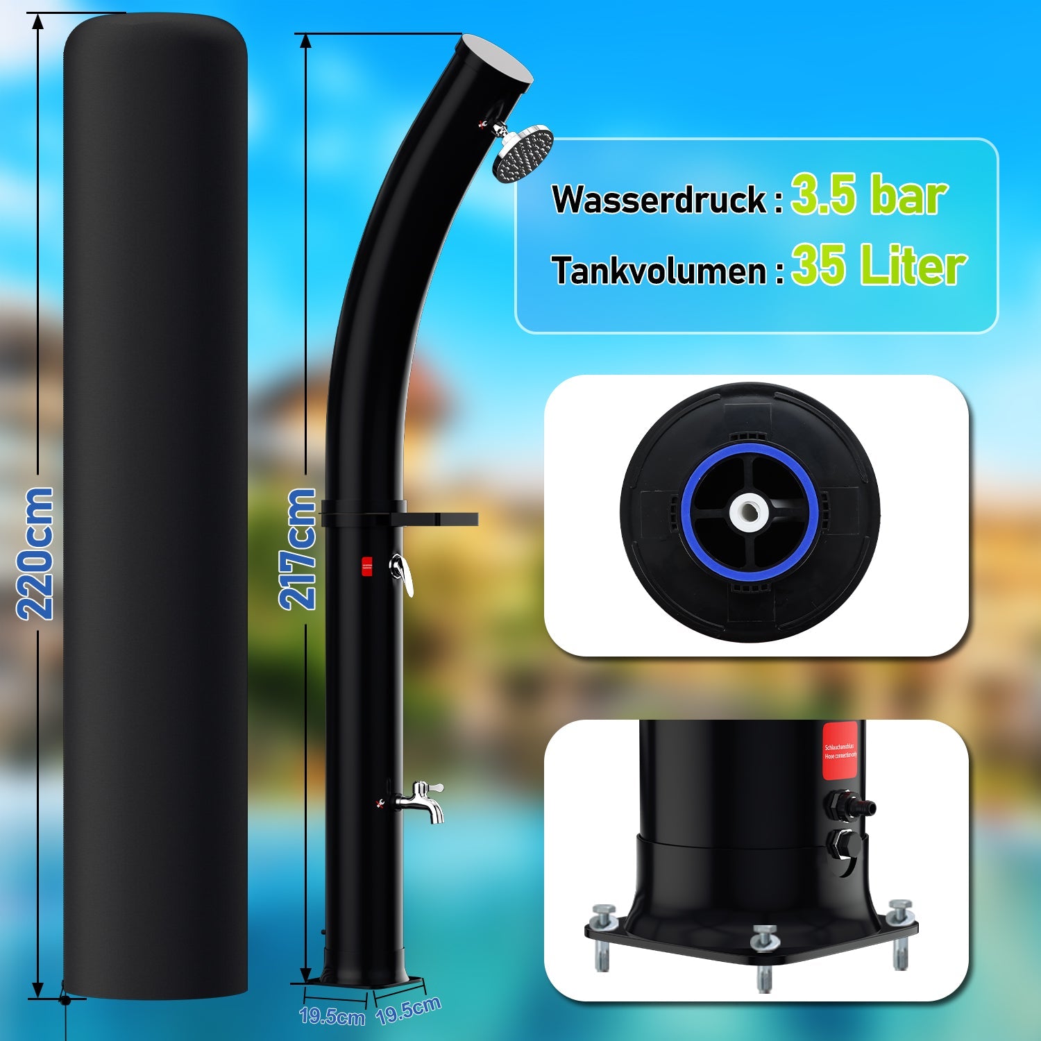 Cosmo Go 35L Solardusche Curve mit Regenduschkopf und Schutzhaube