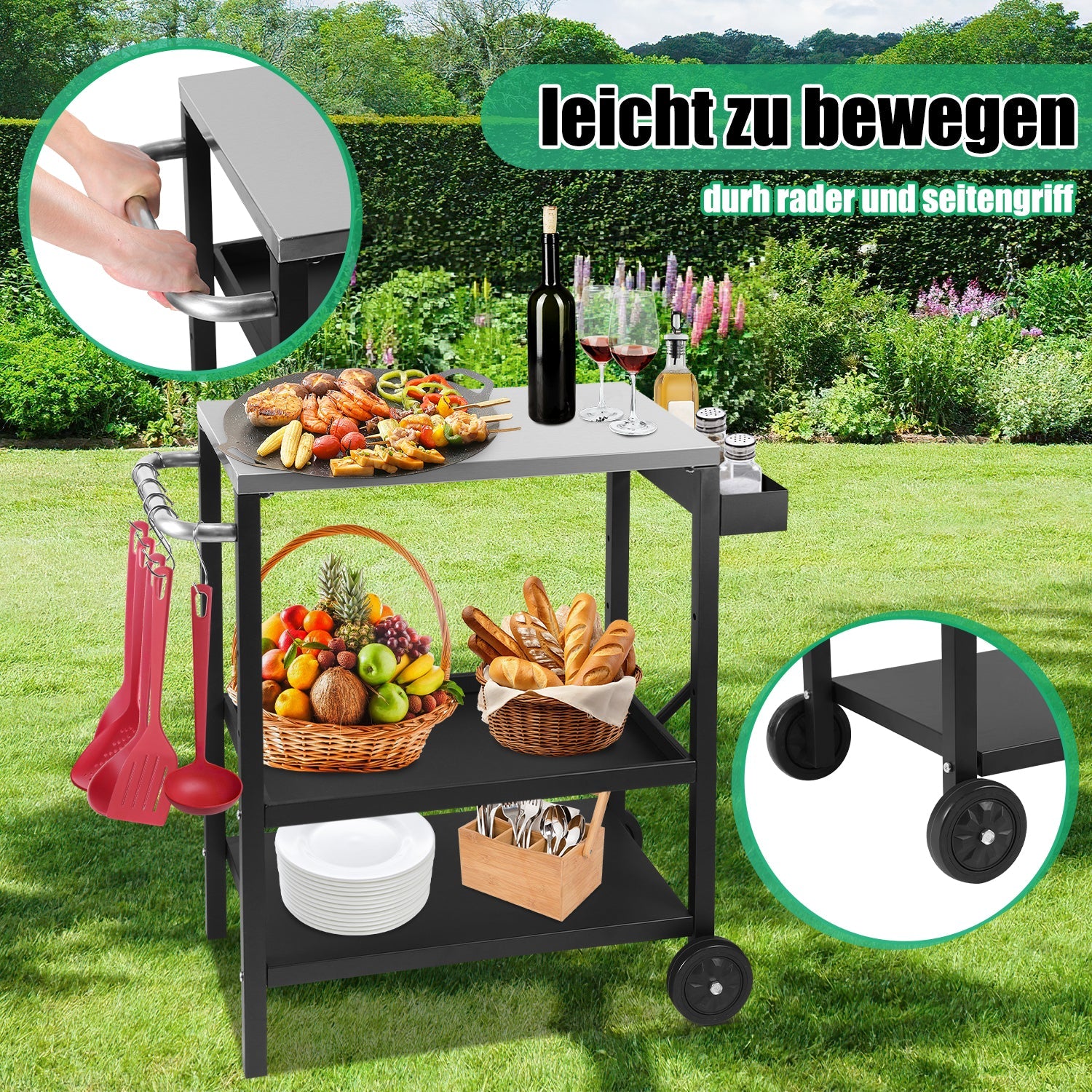 Cosmo Go Grillwagen Grilltisch Höhenverstellbar mit 3 Ablagen BBQ