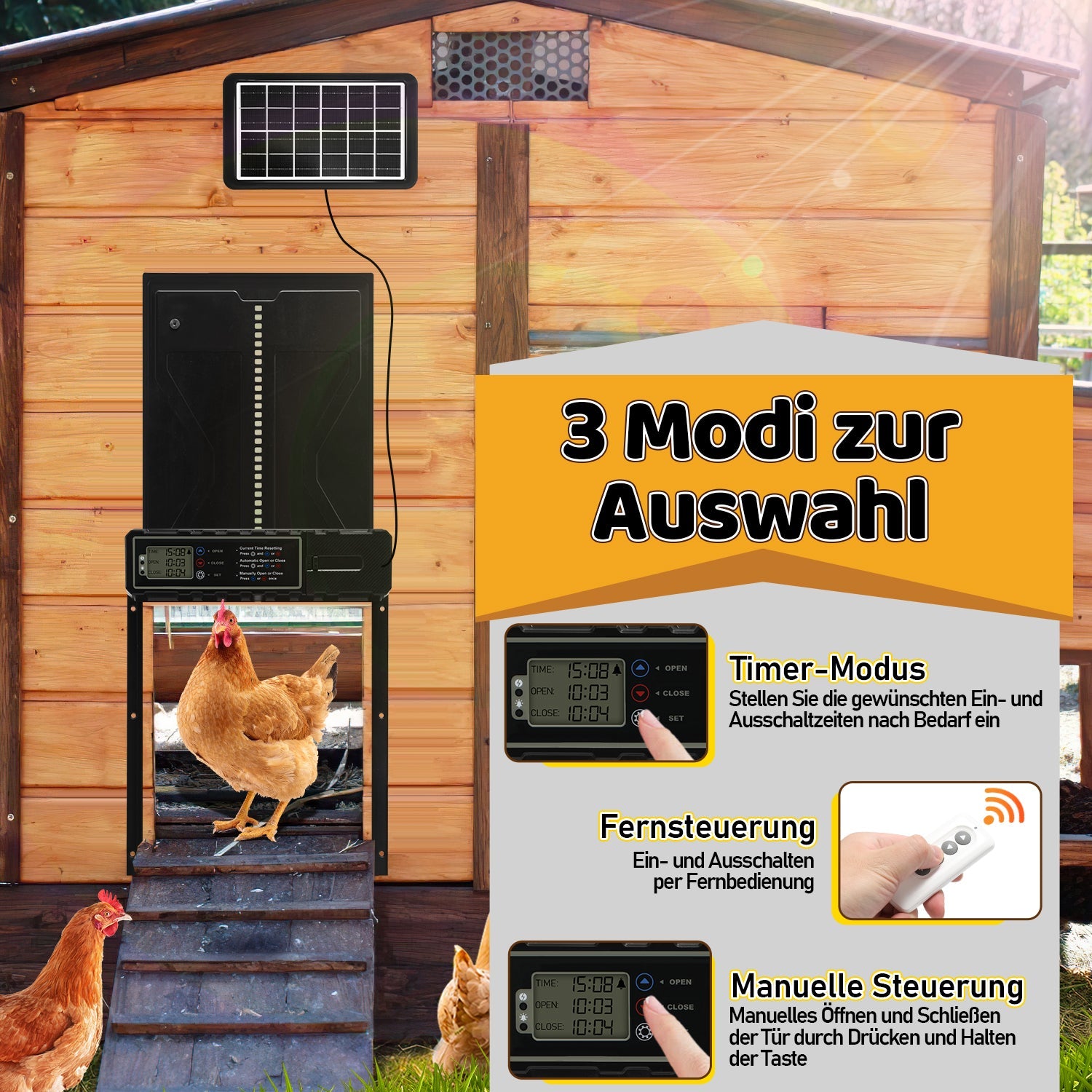 Cosmo Go Hühnerklappe Automatische Solar mit LED Display und Fernbedienung