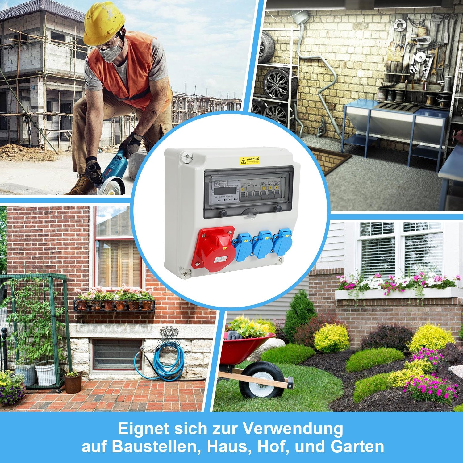 Cosmo Go Wandverteiler Baustromverteiler mit 3xSchuko-Steckdose16A 230V, 1xCEE Steckdosen 32A 5Polig mit 3-Phasen und MCB