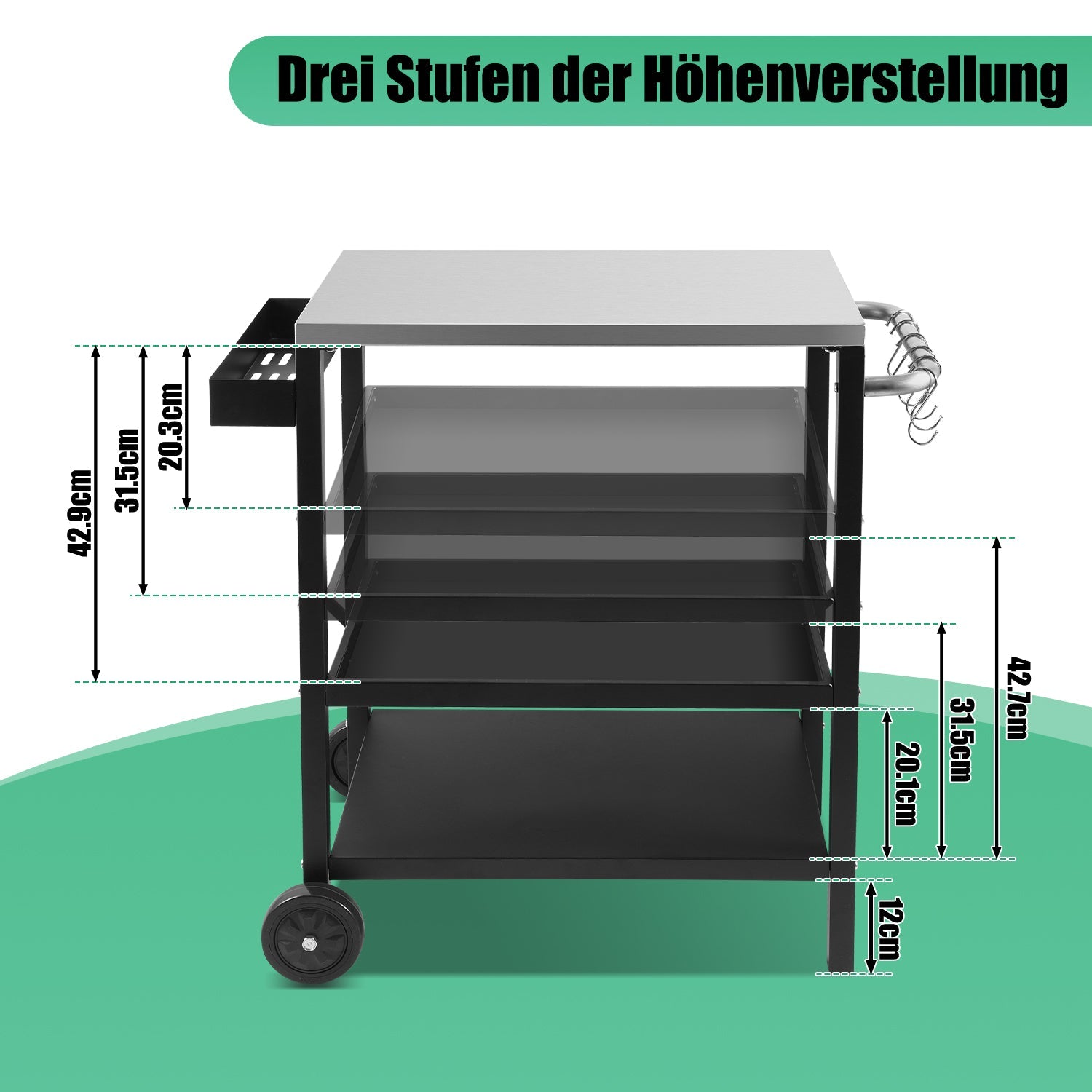 Cosmo Go Grillwagen Grilltisch Höhenverstellbar mit 3 Ablagen BBQ