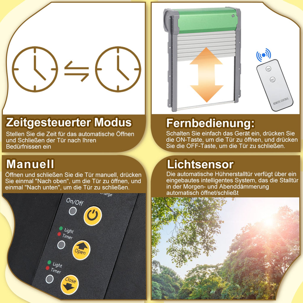 Cosmo Go Automatische Hühnerklappe Solar Rolltor mit Lichtsensor und Zeitsteuerung