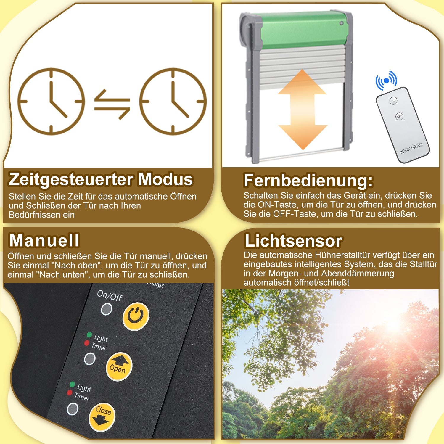 Cosmo Go Automatische Hühnerklappe Solar Rolltor mit Lichtsensor und Zeitsteuerung