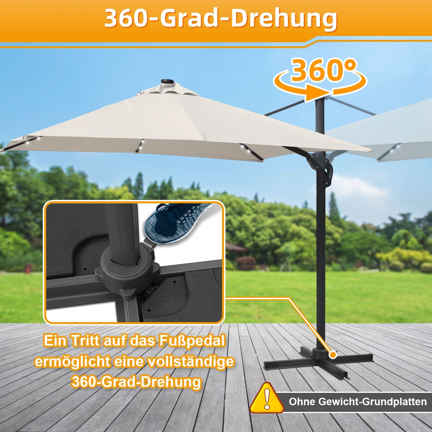 Cosmo Go Ampelschirm 300 x 300 cm Sonnenschirm 360° Drehbar mit Solar-LED