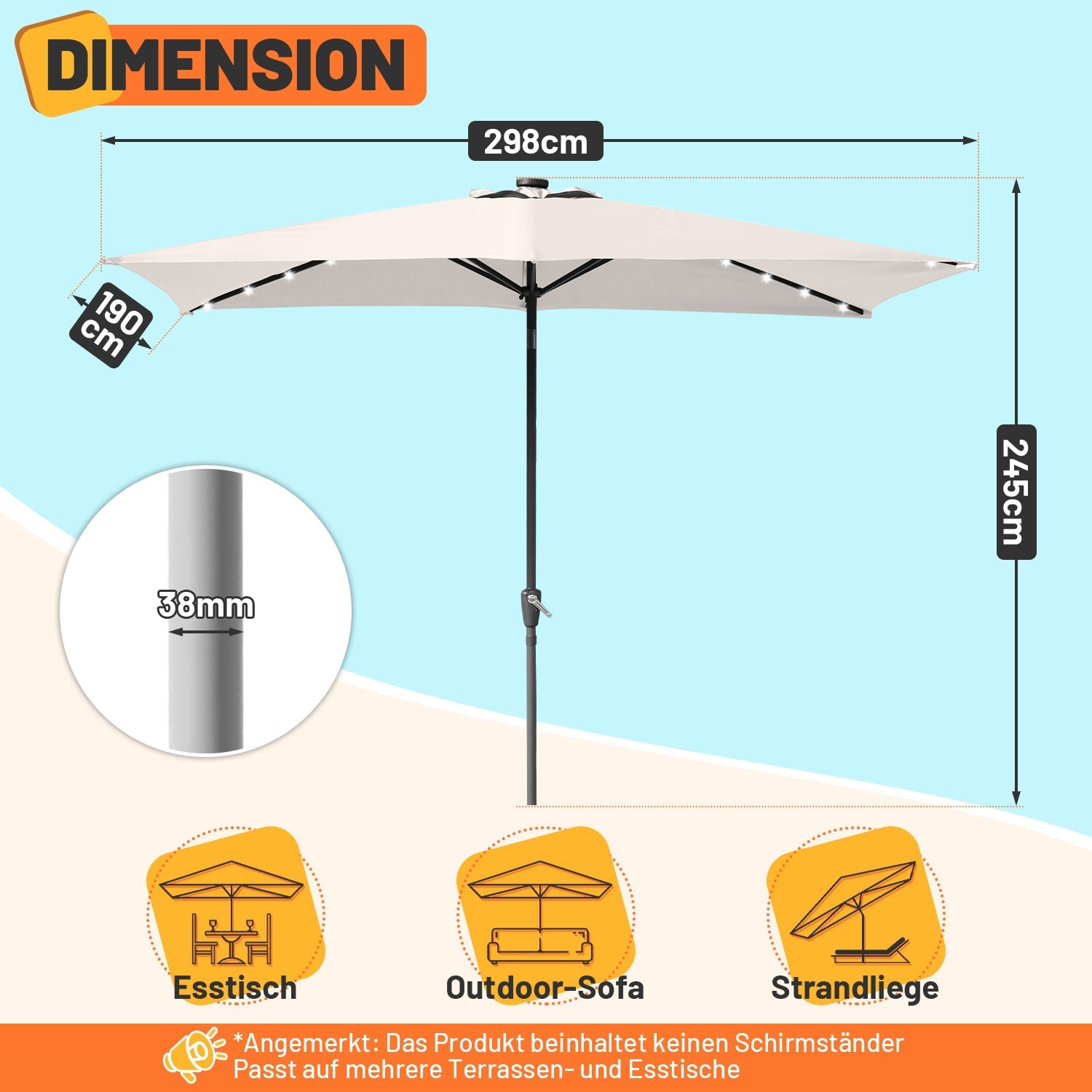 Cosmo Go Sonnenschirm 210x140 / 300x200cm Rechteckig mit LED Solar