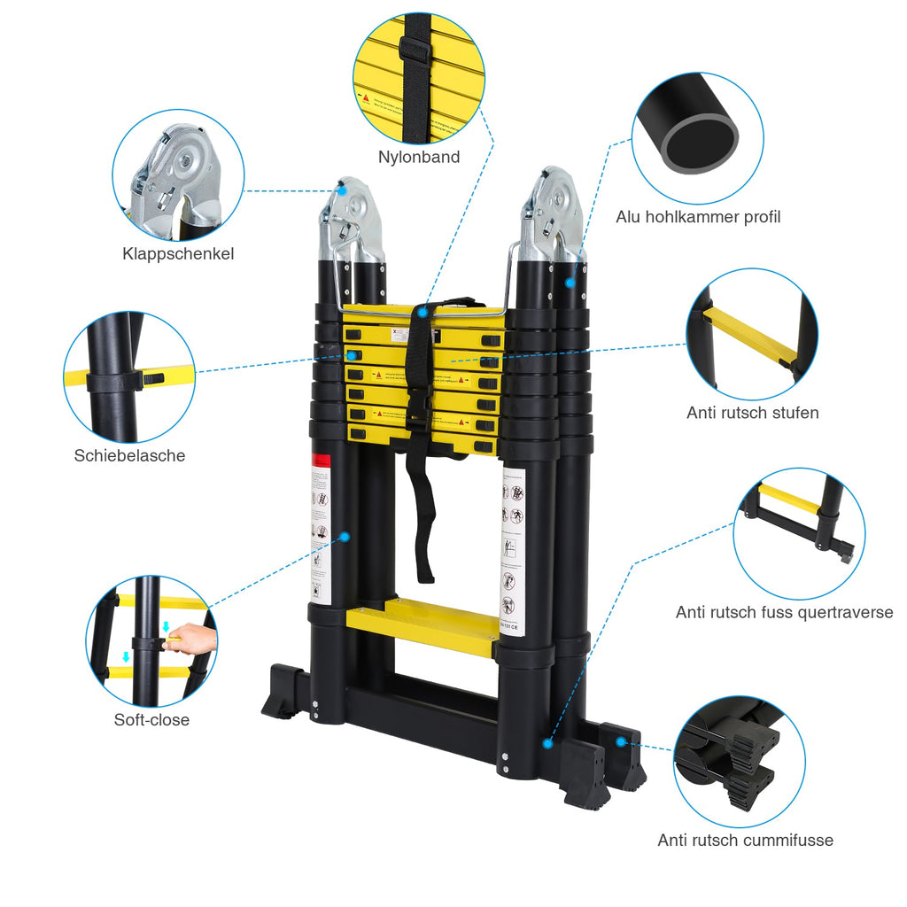 Cosmo Go Teleskopleiter Tragbar Alu Max Belastung 150 kg 3.8M (1.9+1.9M)