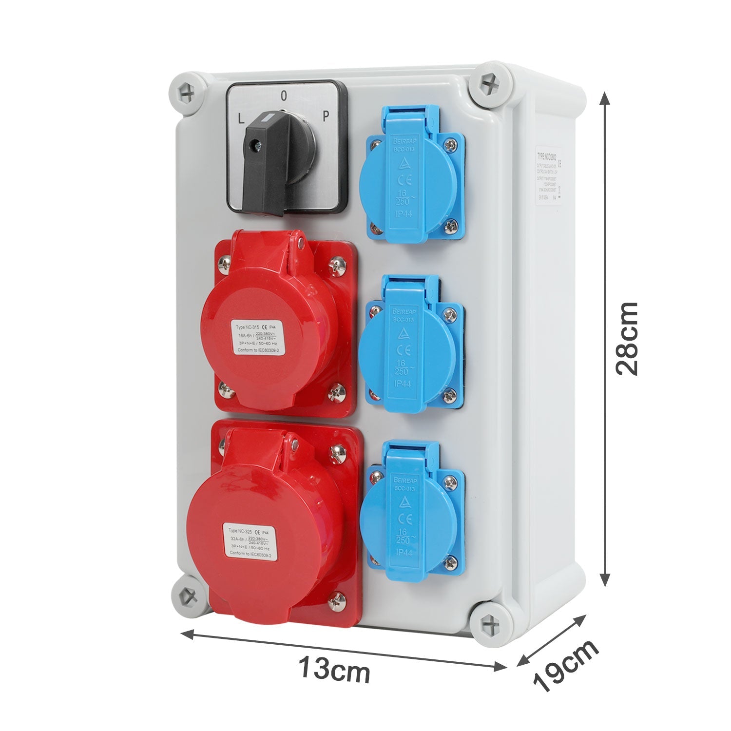 Cosmo Go Wandverteiler mit L-0-P Nockenschalter und MCB, 3xSchuko-Steckdose und CEE-Steckdose 16/32A
