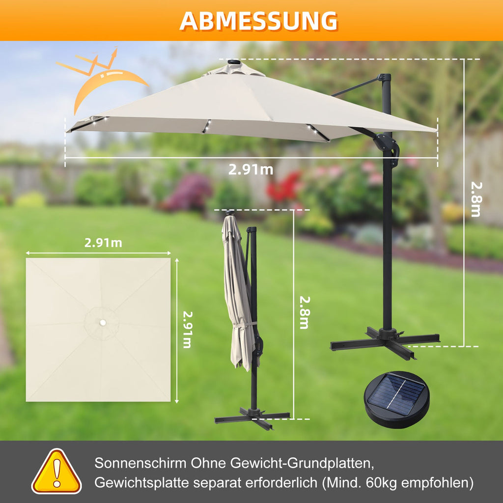 Cosmo Go Ampelschirm 300 x 300 cm Sonnenschirm 360° Drehbar mit Solar-LED