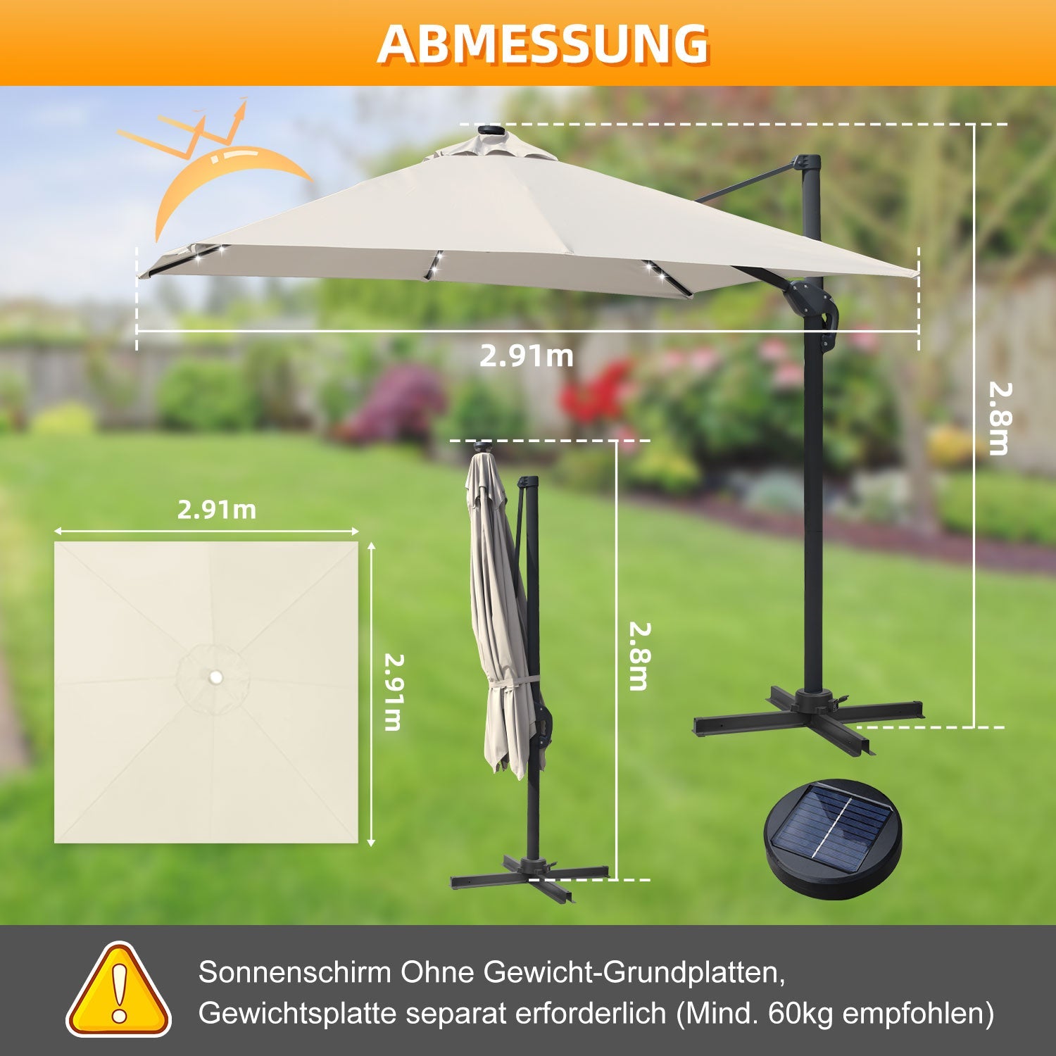 Cosmo Go Ampelschirm 300 x 300 cm Sonnenschirm 360° Drehbar mit Solar-LED