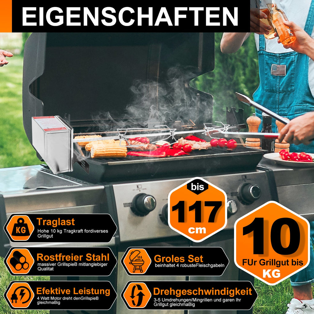 Cosmo Go BBQ Grillspieß Edelstahl Motor 4x Fleischnadel
