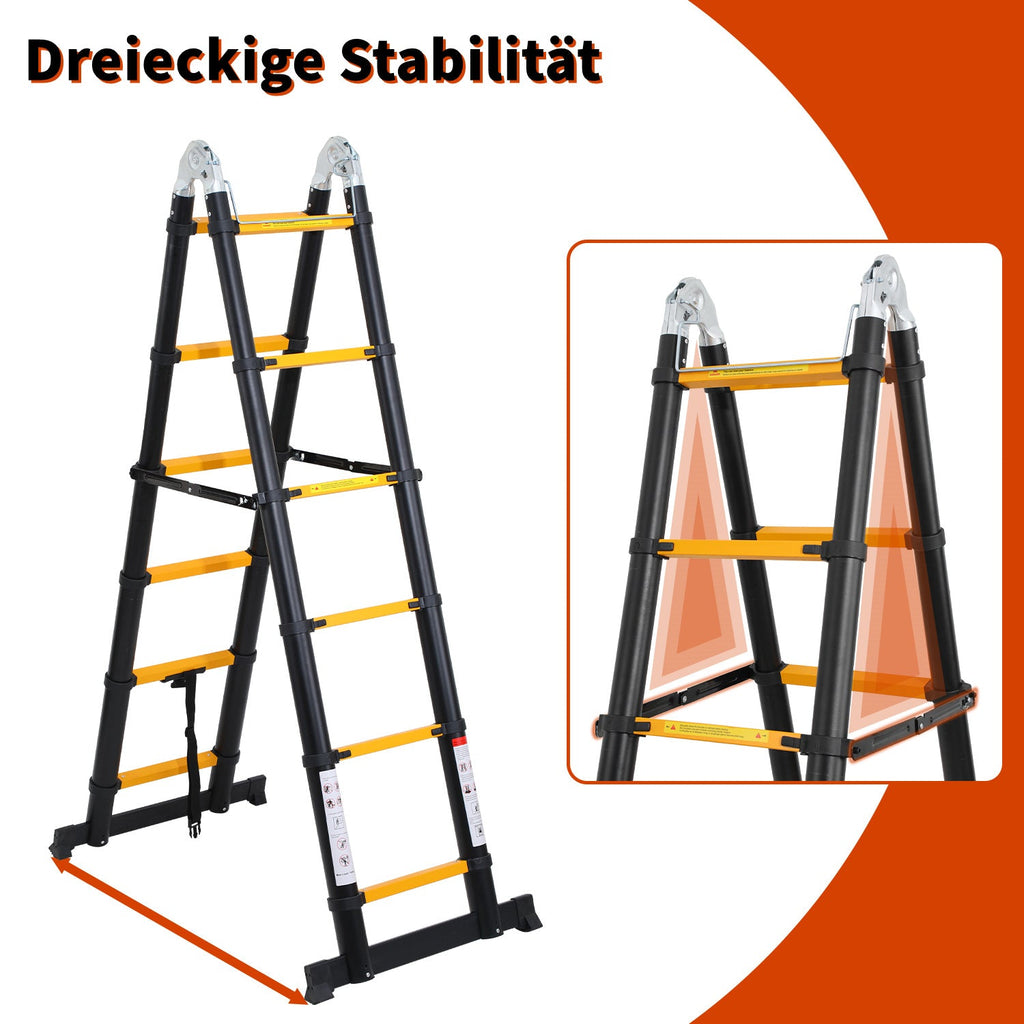 Cosmo Go 5M Alu Teleskopleiter Klappleiter mit Rädern und Dreiecksstabilisator Schwarz