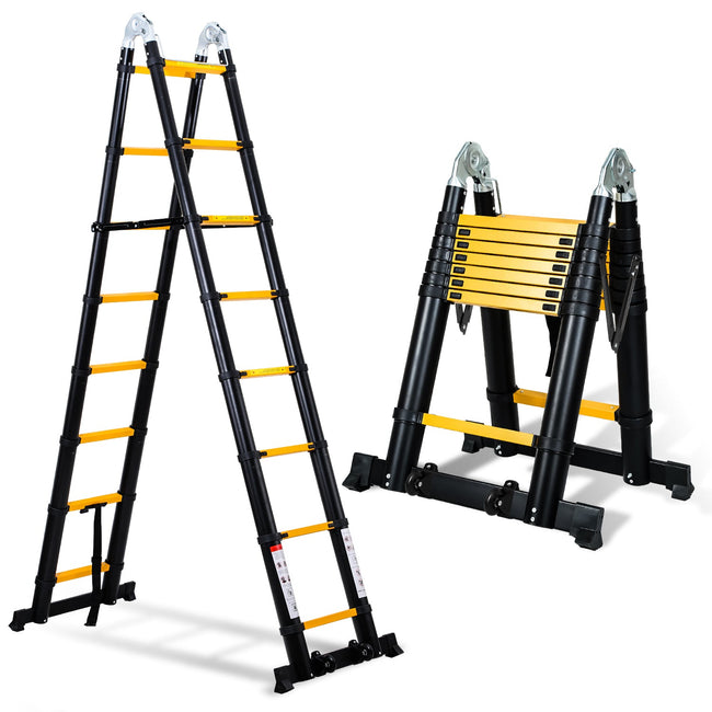 Cosmo Go 5M Alu Teleskopleiter Klappleiter mit Rädern und Dreiecksstabilisator Schwarz Hover Image