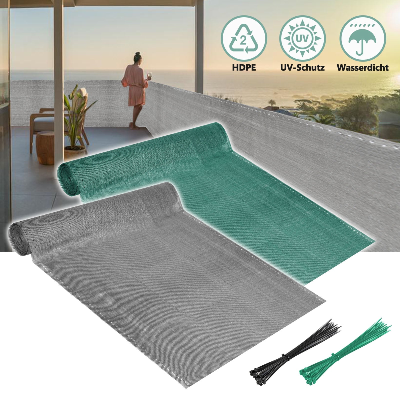 Cosmo Go Sichtschutz HDPE Windschutz Schattennetz Grün/Grau