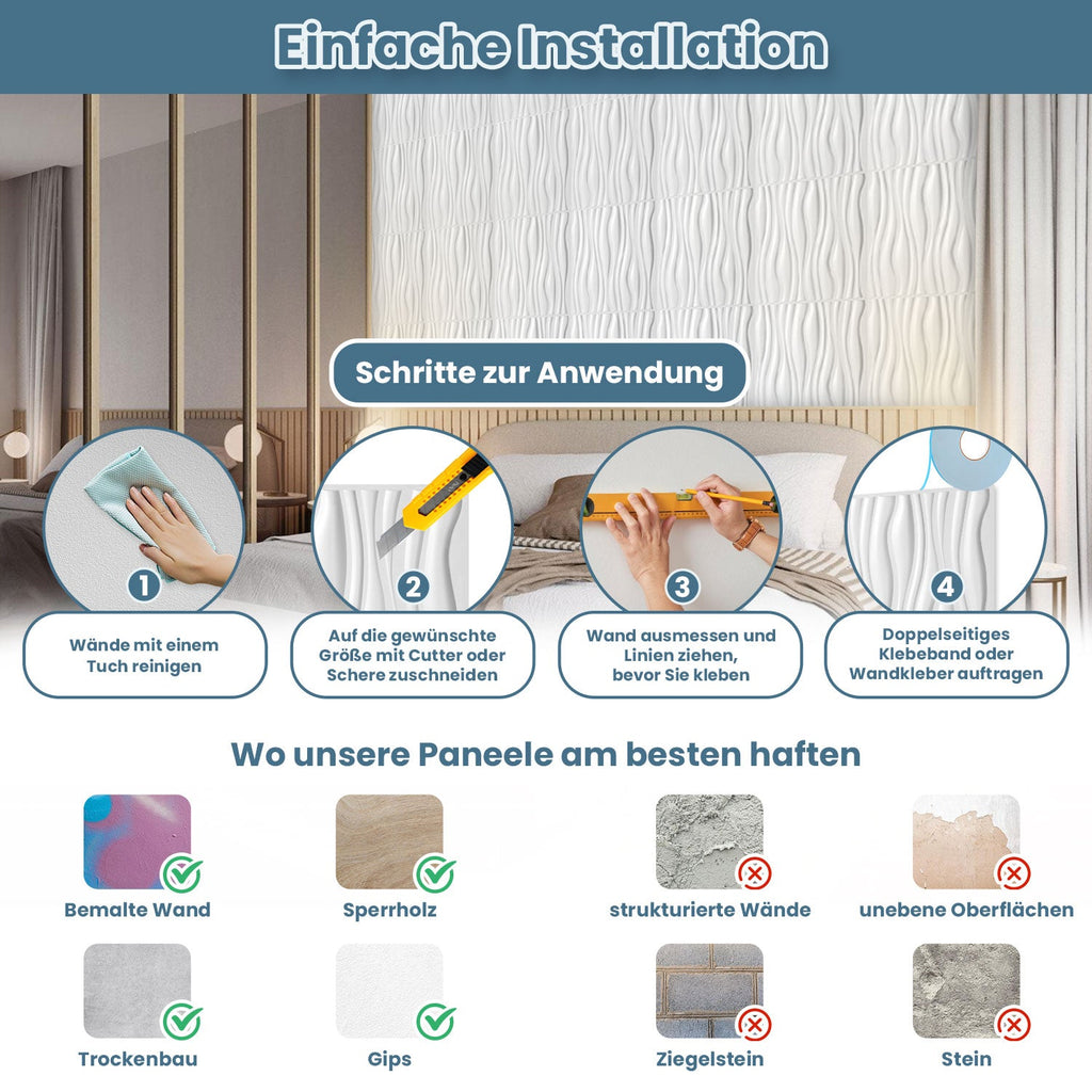 Cosmo Go 3D Wandpaneele 12 Stück 50x50cm Wellig Weiß