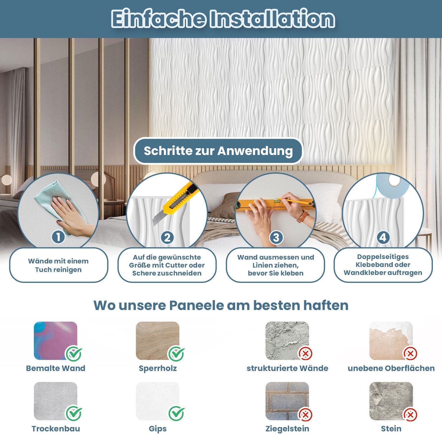 Cosmo Go 3D Wandpaneele 12 Stück 50x50cm Wellig Weiß