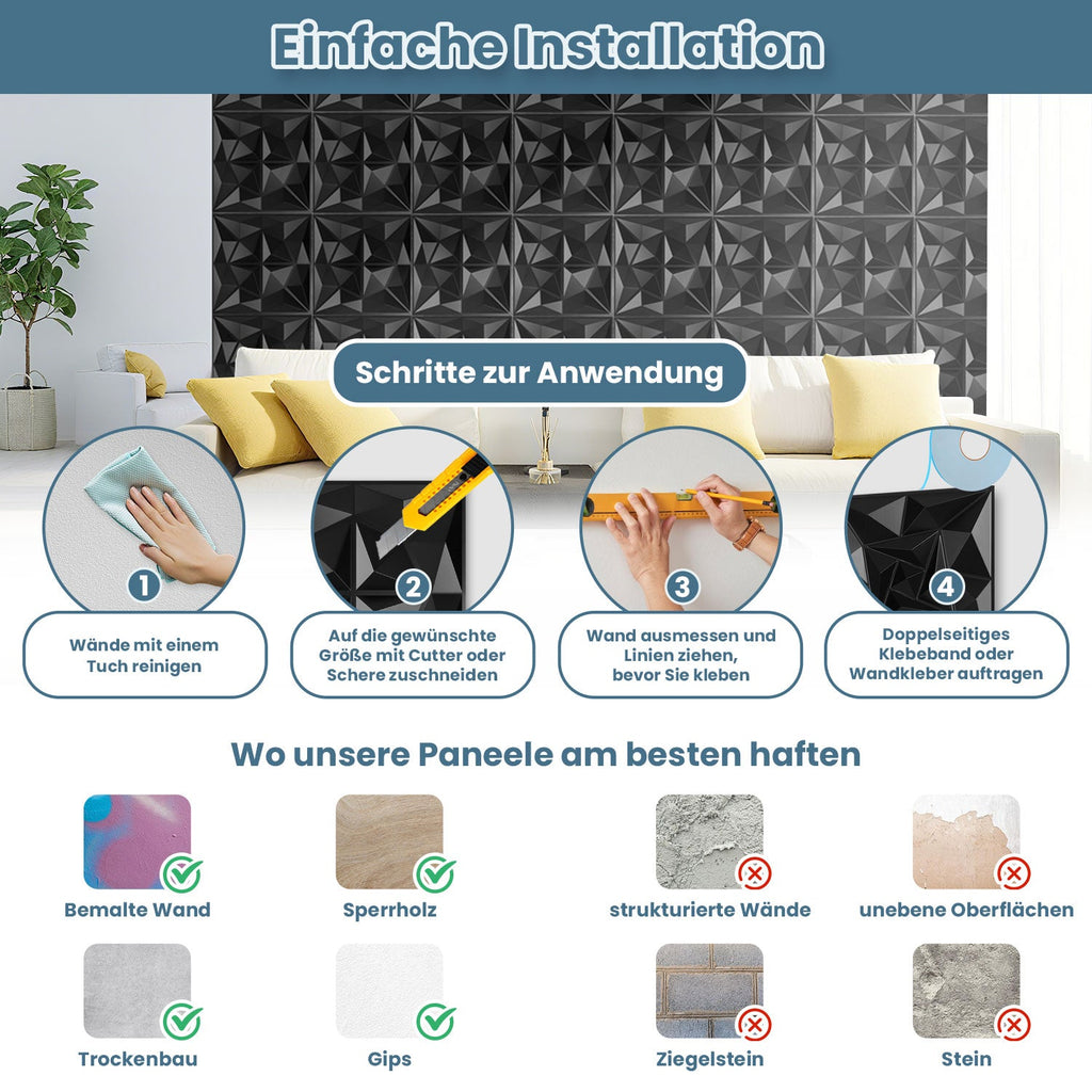 Cosmo Go 3D Wandpaneele 12 Stück 50x50cm Rund Diamant Schwarz