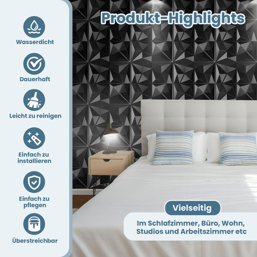 Cosmo Go 3D Wandpaneele 12 Stück 50x50cm Rund Diamant Schwarz