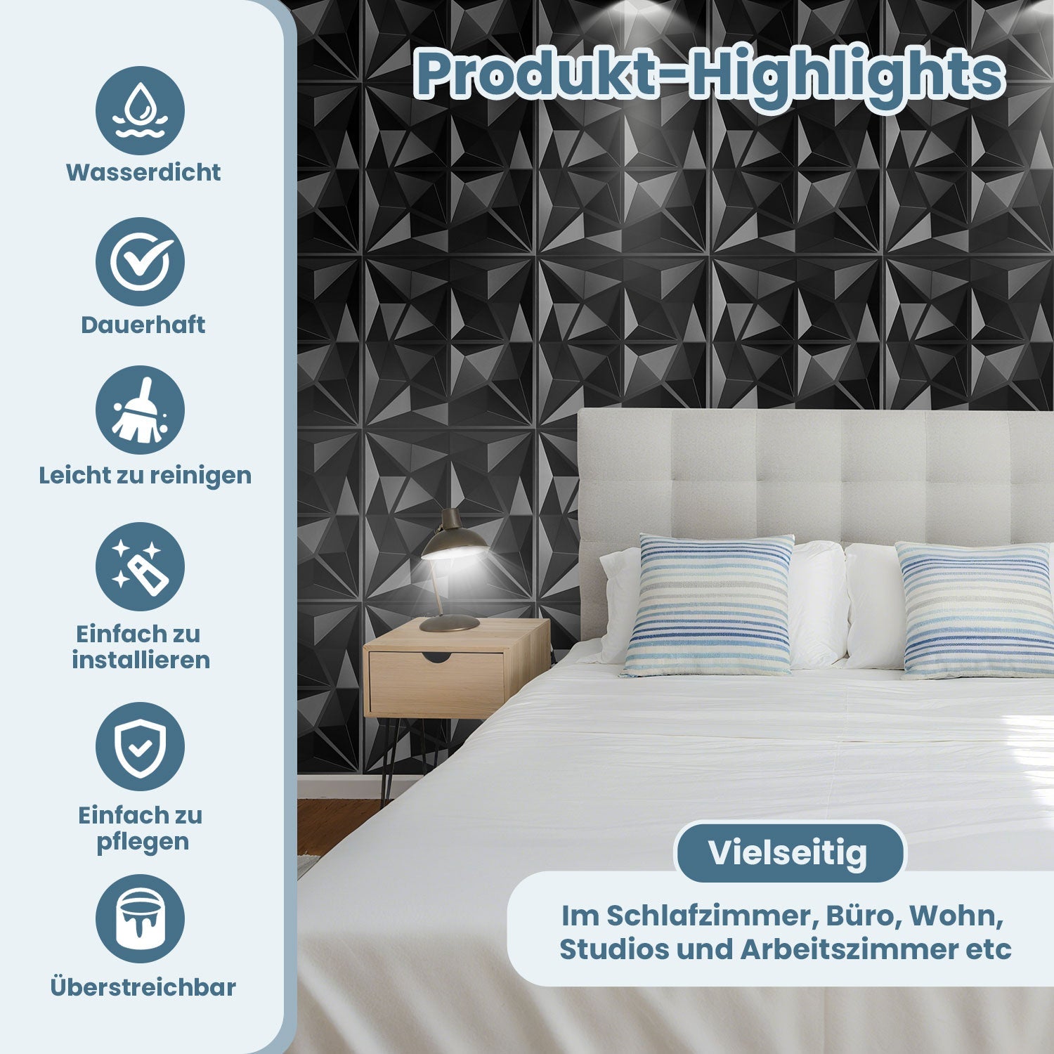 Cosmo Go 3D Wandpaneele 12 Stück 30x30cm Rund Diamant Schwarz