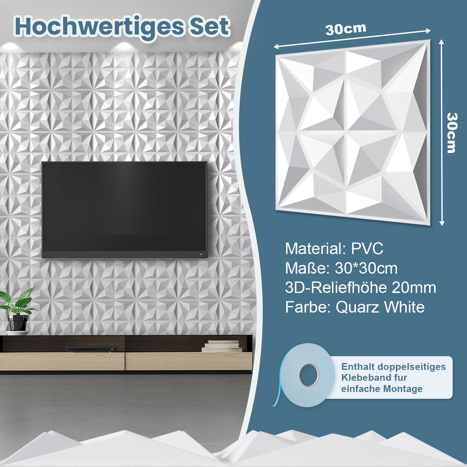 Cosmo Go 3D Wandpaneele 12 Stück 30x30cm Rund Diamant Weiß