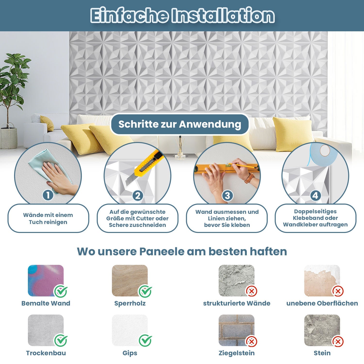 Cosmo Go 3D Wandpaneele 12 Stück 50x50cm Rund Diamant Weiß