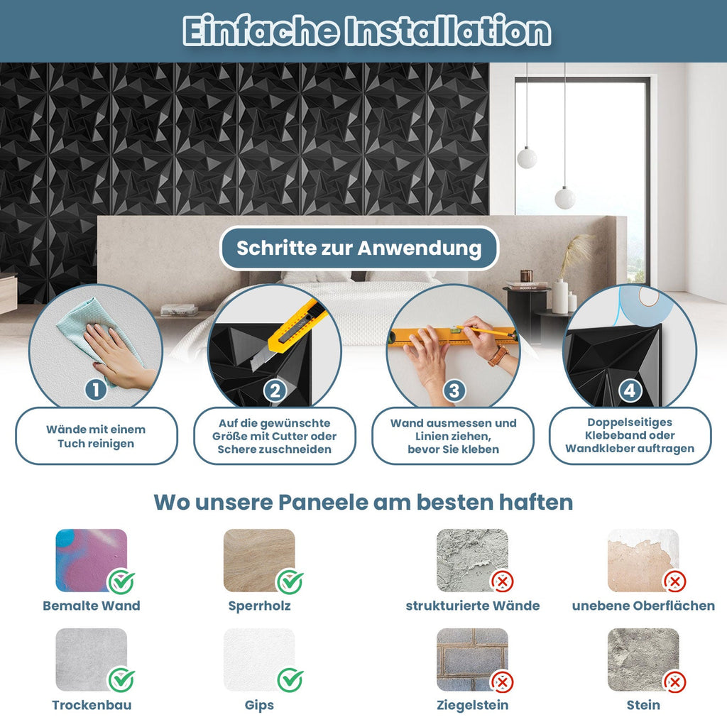 Cosmo Go 3D Wandpaneele 12 Stück 30x30cm Quadrat Diamant Schwarz