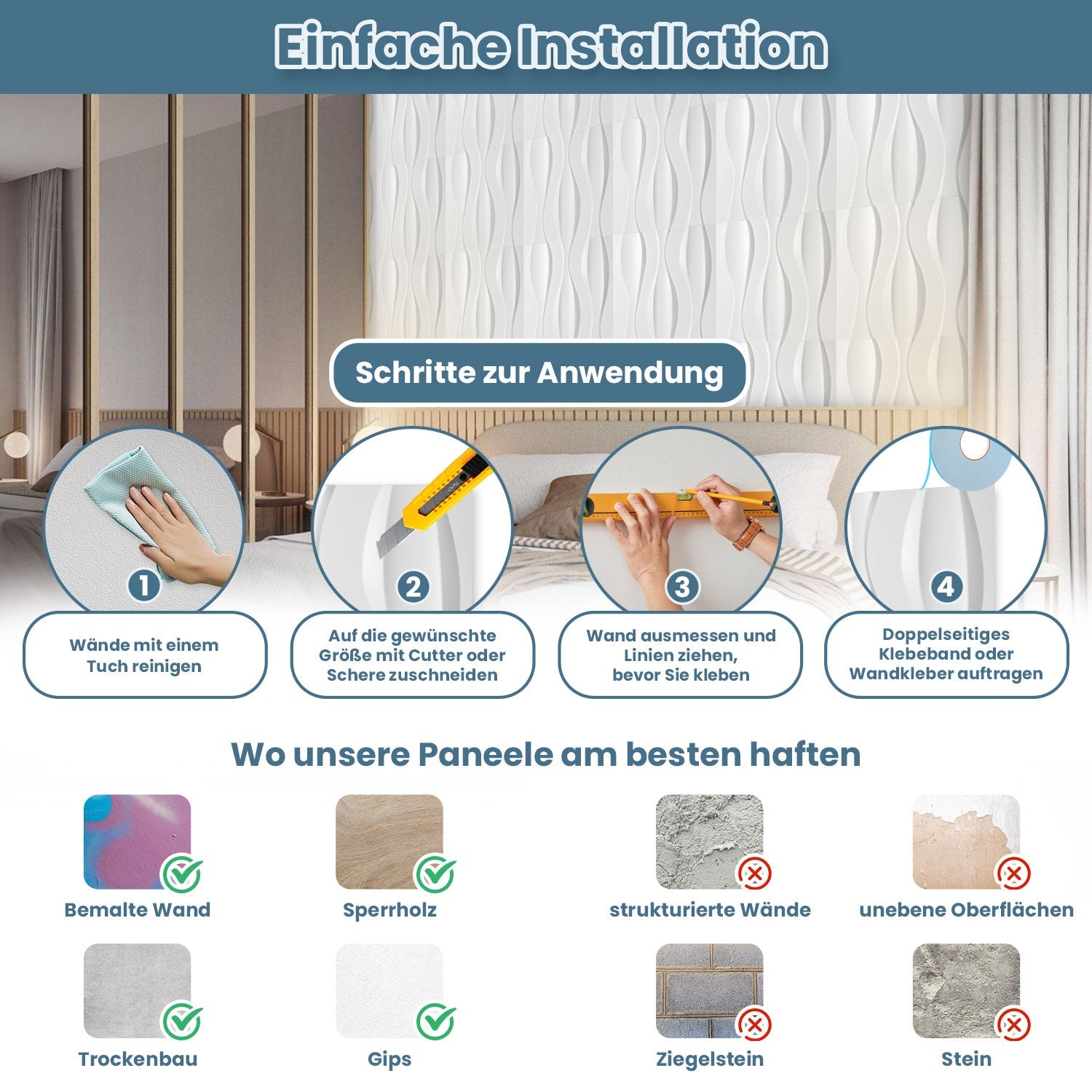 Cosmo Go 3D Wandpaneele 12 Stück 50x50 cm Linear Weiß