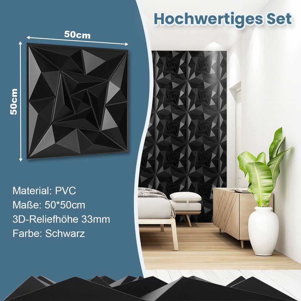 Cosmo Go 3D Wandpaneele 12 Stück 50x50cm Quadrat Diamant Schwarz