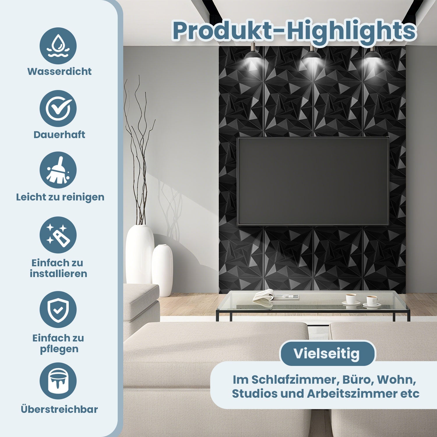 Cosmo Go 3D Wandpaneele 12 Stück 50x50cm Quadrat Diamant Schwarz