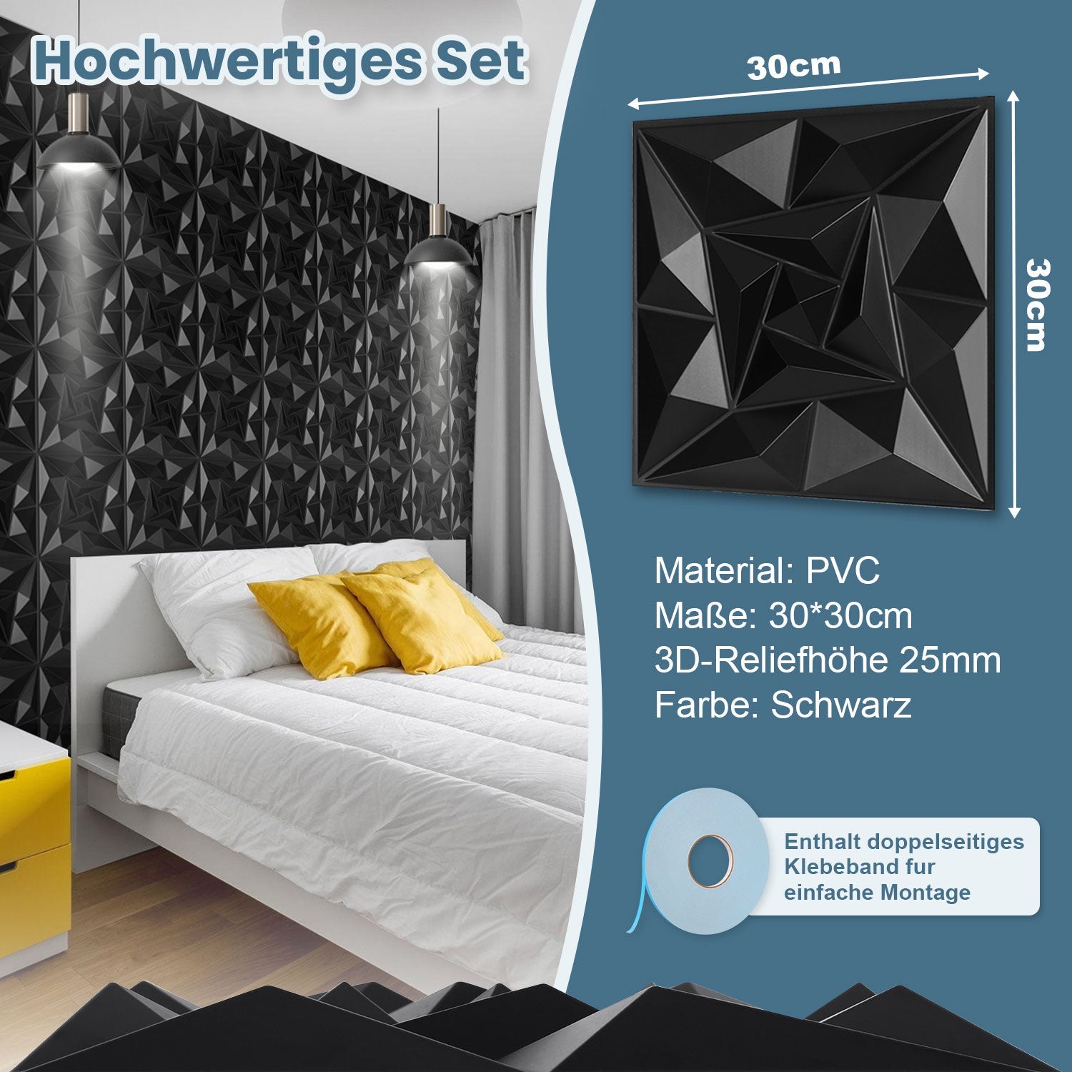 Cosmo Go 3D Wandpaneele 12 Stück 30x30cm Quadrat Diamant Schwarz