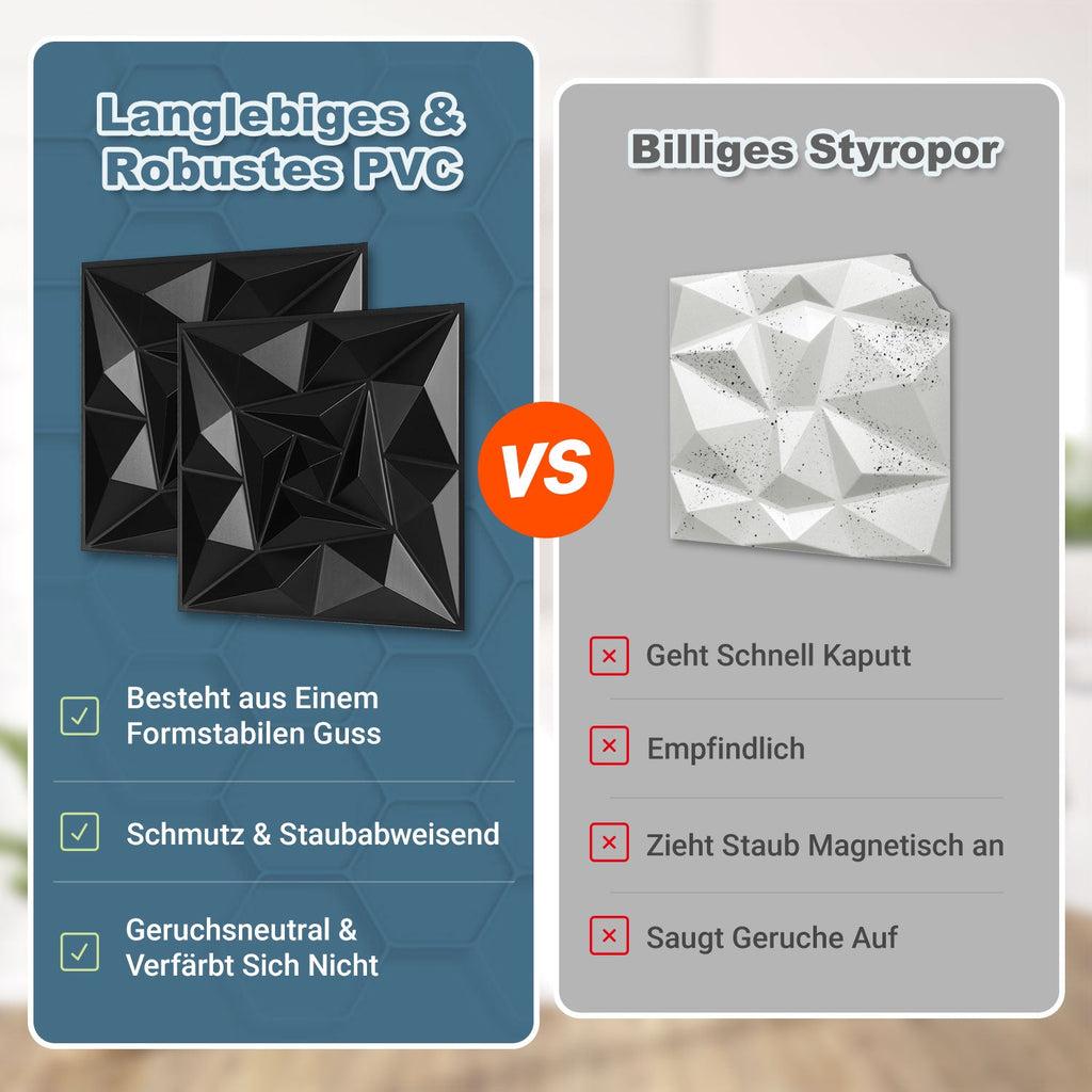 Cosmo Go 3D Wandpaneele 12 Stück 30x30cm Quadrat Diamant Schwarz