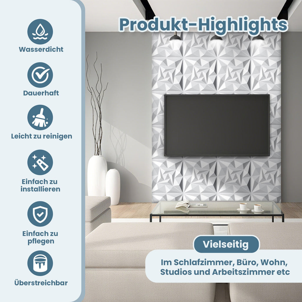 Cosmo Go 3D Wandpaneele 12 Stück 30x30cm Quadrat Diamant Weiß