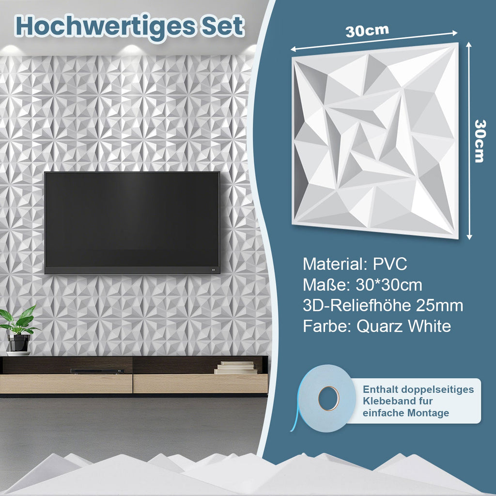 Cosmo Go 3D Wandpaneele 12 Stück 30x30cm Quadrat Diamant Weiß