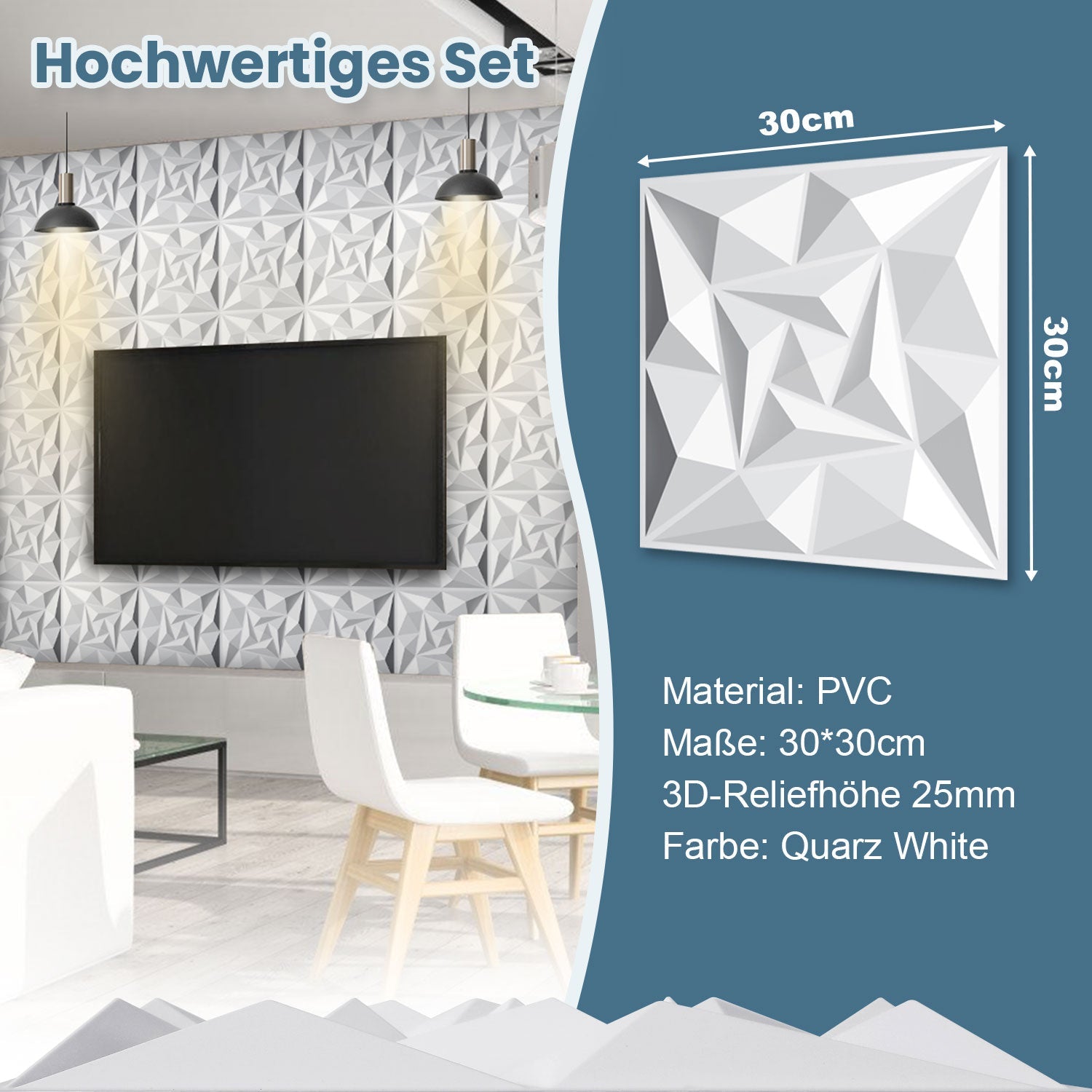 Cosmo Go 3D Wandpaneele 12 Stück 30x30cm Quadrat Diamant Weiß