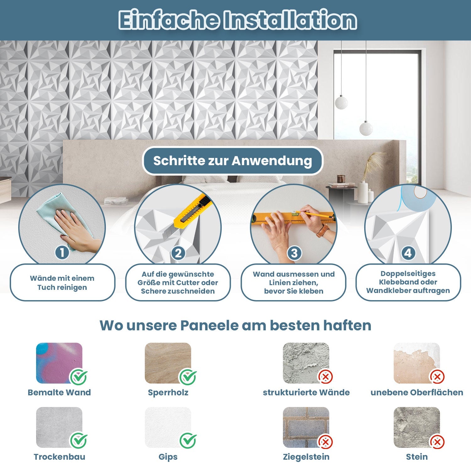 Cosmo Go 3D Wandpaneele 12 Stück 50x50cm Quadrat Diamant Weiß