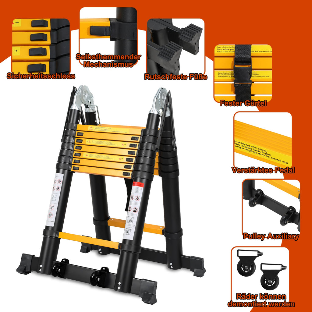 Cosmo Go 5M Alu Teleskopleiter Klappleiter mit Rädern und Dreiecksstabilisator Schwarz