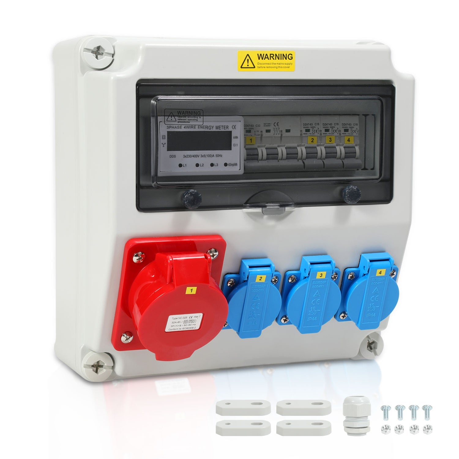 Cosmo Go Wandverteiler Baustromverteiler mit 3xSchuko-Steckdose16A 230V, 1xCEE Steckdosen 32A 5Polig mit 3-Phasen und MCB