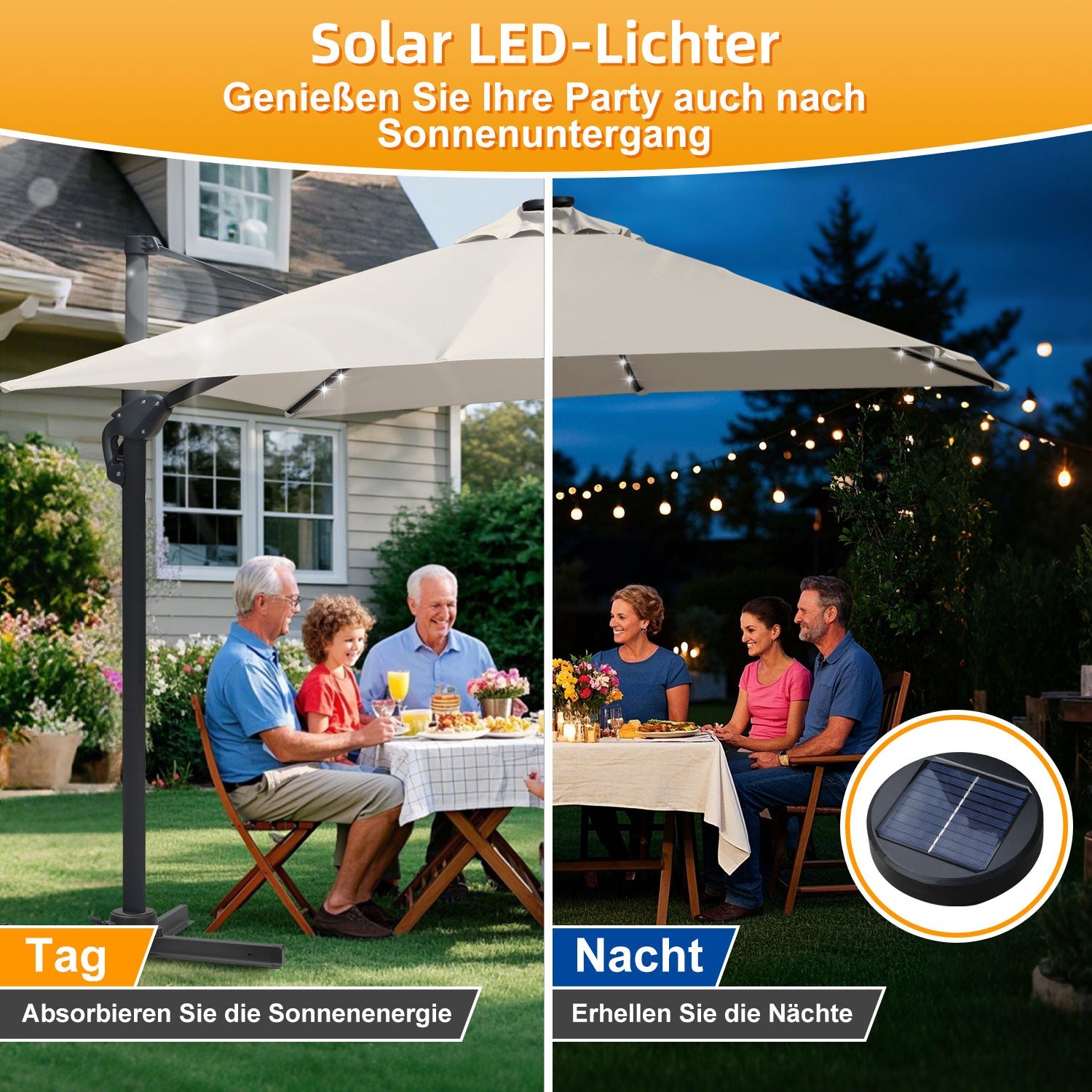 Cosmo Go Ampelschirm 300 x 300 cm Sonnenschirm 360° Drehbar mit Solar-LED