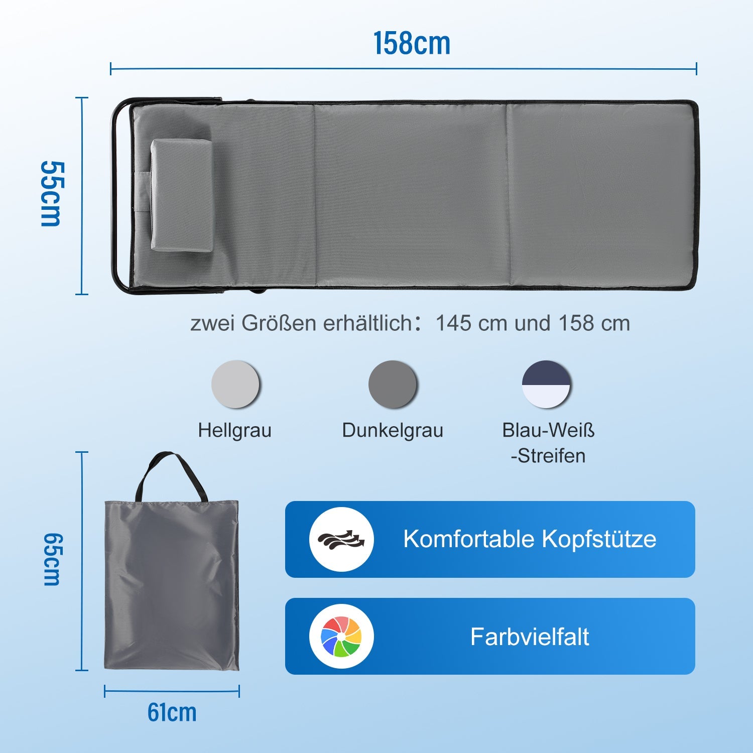 Cosmo Go Strandliegen Tragbar Strandmatte mit Einstellbar Höhe 158cm