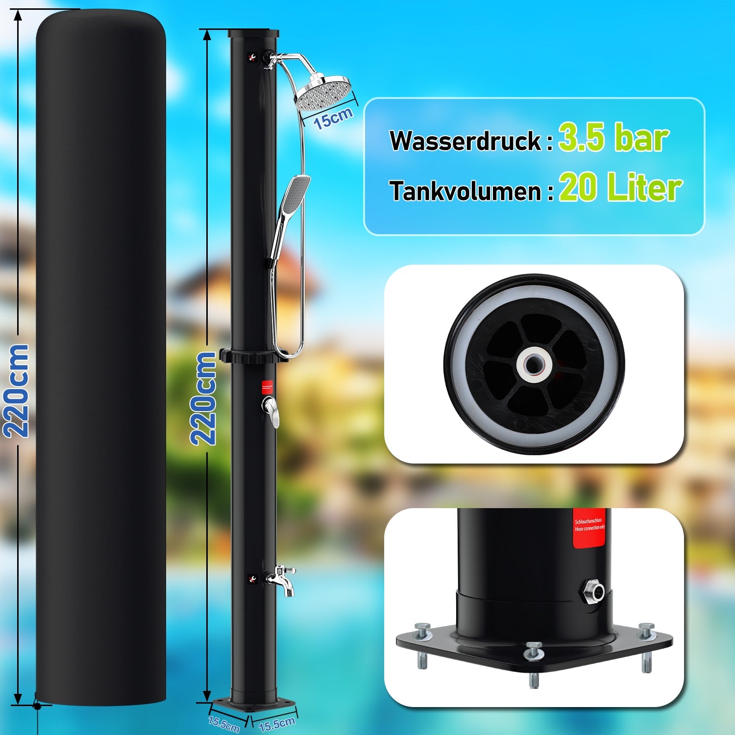 Cosmo Go 20L Solardusche mit Duschkopf Inkl Schutzhaube und Handbrause