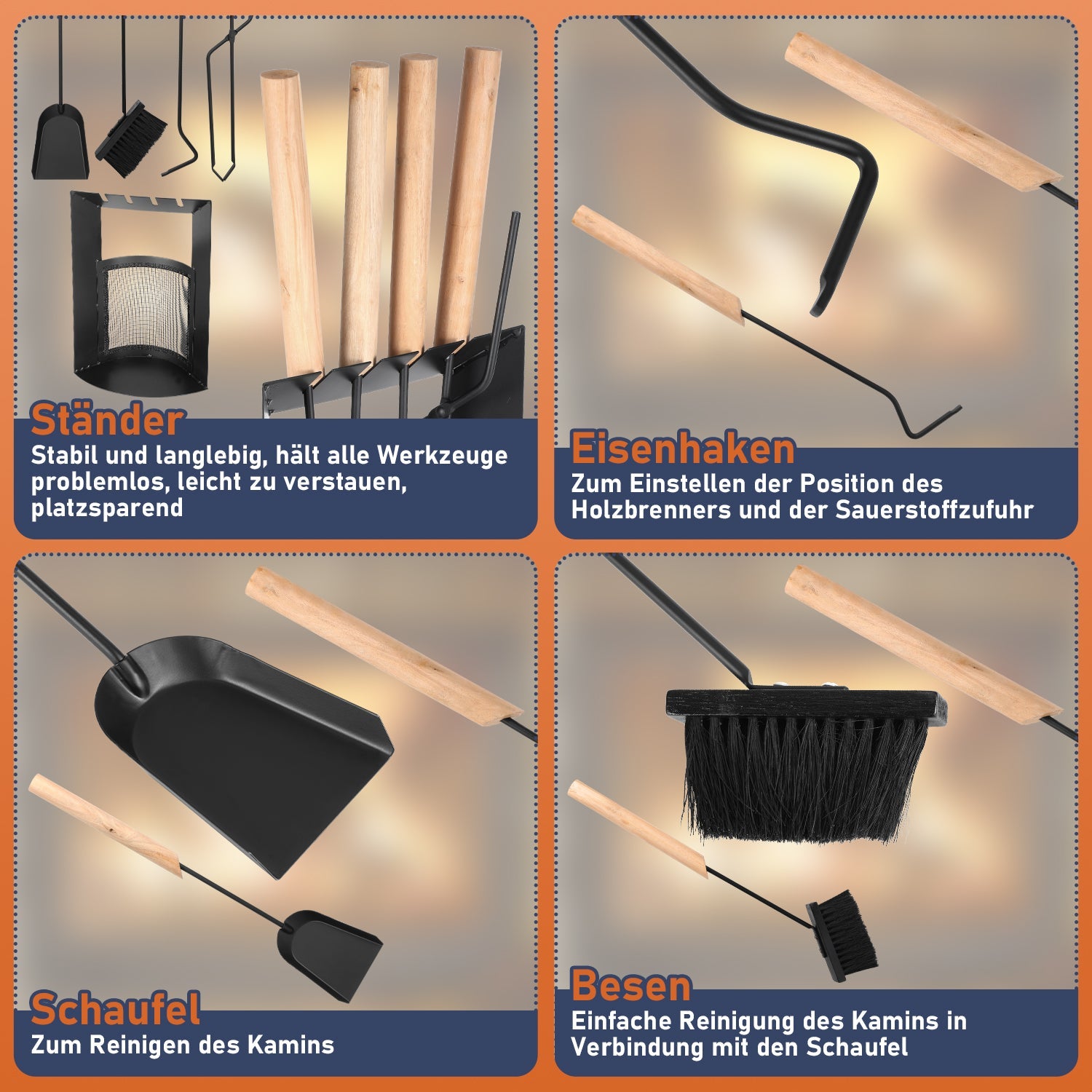 Cosmo Go Kaminbesteck 4-teiliges Kaminbesteck Set Holzgriff